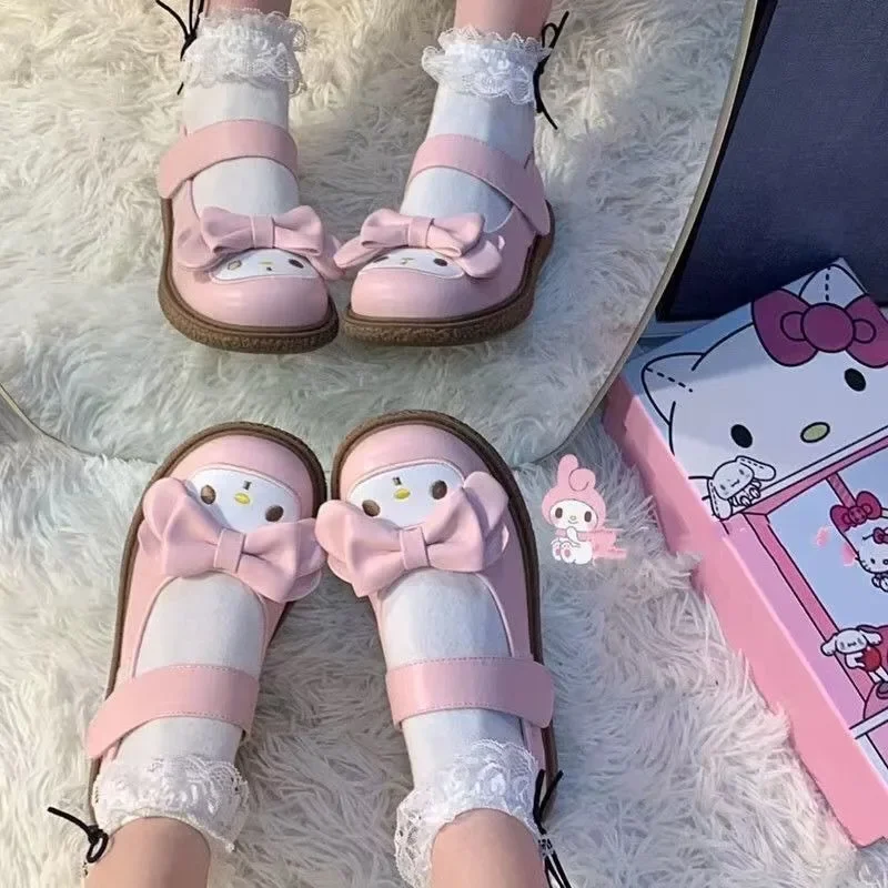 Sanrio Lolita Leather Shoes My Melody Kuromi Cartoon Anime Character Accessories Kawaii Girl Sweet Princess Round Toe Shoes