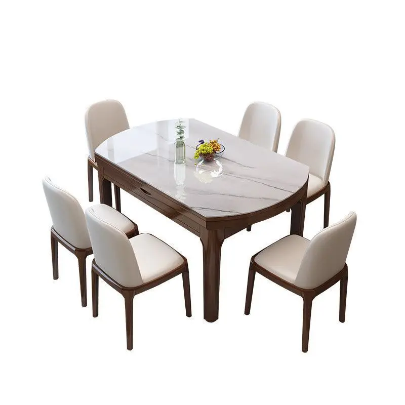 

Slate solid wood dining table household rectangular retractable folding variable round table combination living room marble