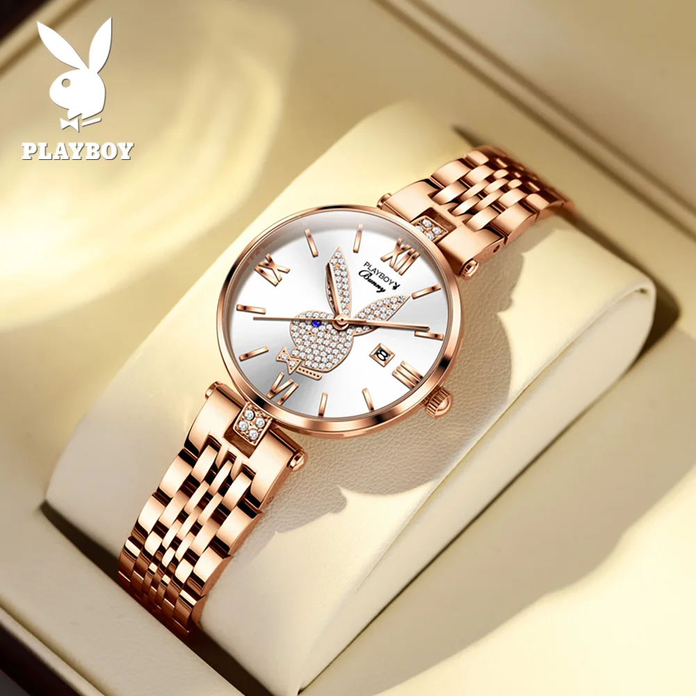 PLAYBOY 2054 Elegance Women Watch Original Quartz Movement Gypsophila Dial Stainless Steel 30M Waterproof Calendar Display Fashion Watch For Women