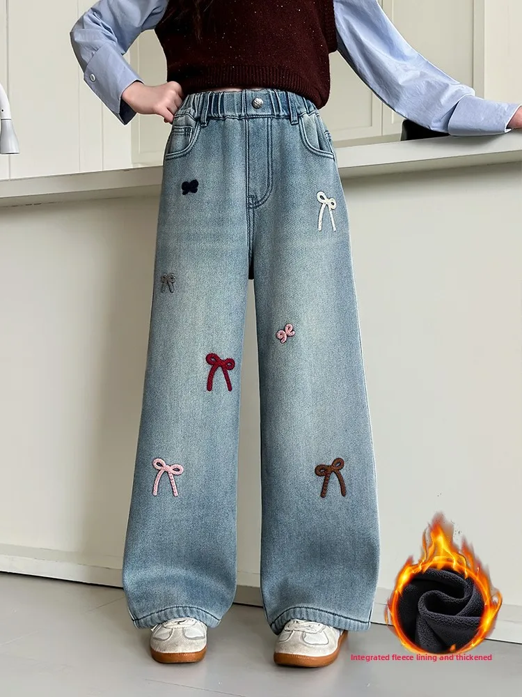 Pantalones vaqueros de mezclilla de pierna ancha con forro de Fce para niñas Otoño Invierno Sle pantalones casuales de algodón de cintura alta para niñas adolescentes