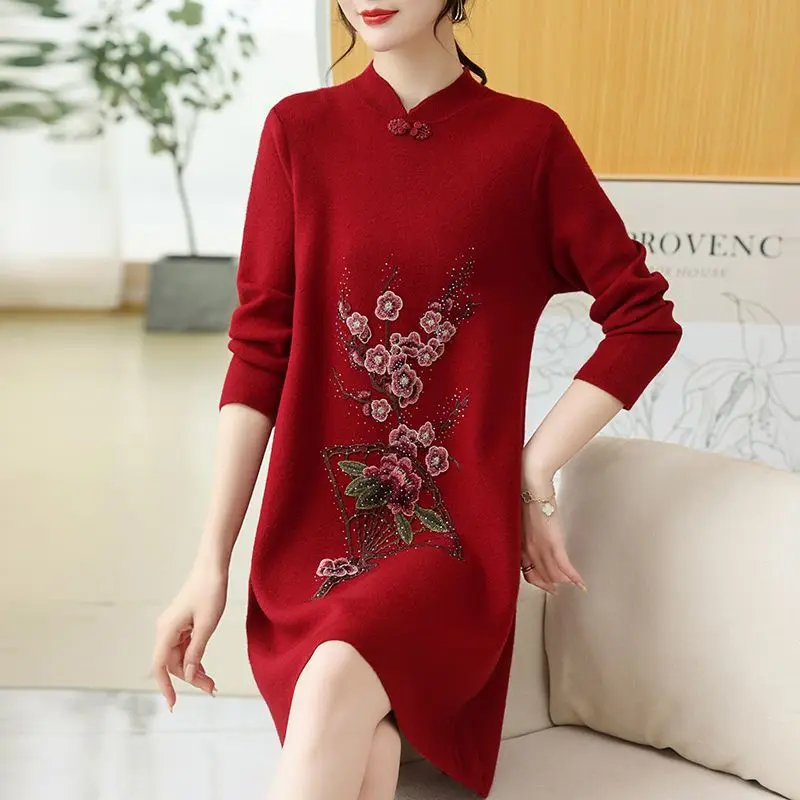 Women Autumn Winter Dress 2023 New Embroidery Thicken Knitting Warm Office Lady Dresses High Quality Oversize A-line Vestidos