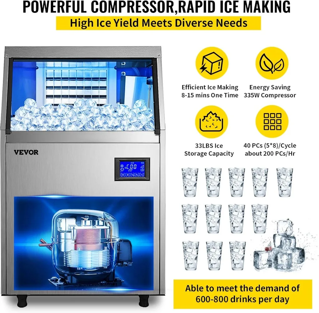 Commercial Ice Maker Machine 120LBS/24H with 33LBS Bin and Electric Water Drain Pump Stainless Steel Construction Auto Operation