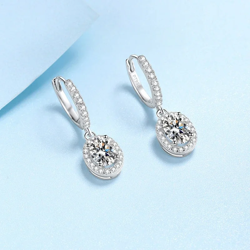 Classic PT950 Platinum Drop Earrings for Women 1/2ct Oval Moissanite Diamond D Color Vvs1 Brilliant Birthday Gift for Girlfriend