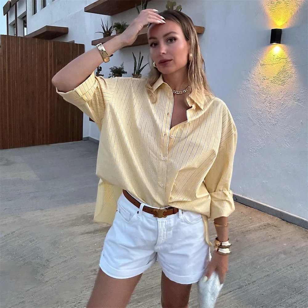 European And American Style 2024 Summer Women\'s Clothing New Fashionable And Versatile Temperament Lapel Striped Poplin Shirt