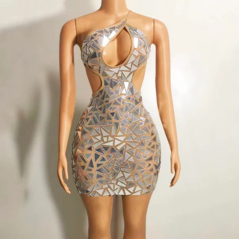 Sexy recorte espelhos vestido sem costas festa vestido de noite feminino aniversário celebrar vestidos jazz traje palco outfits xs5525