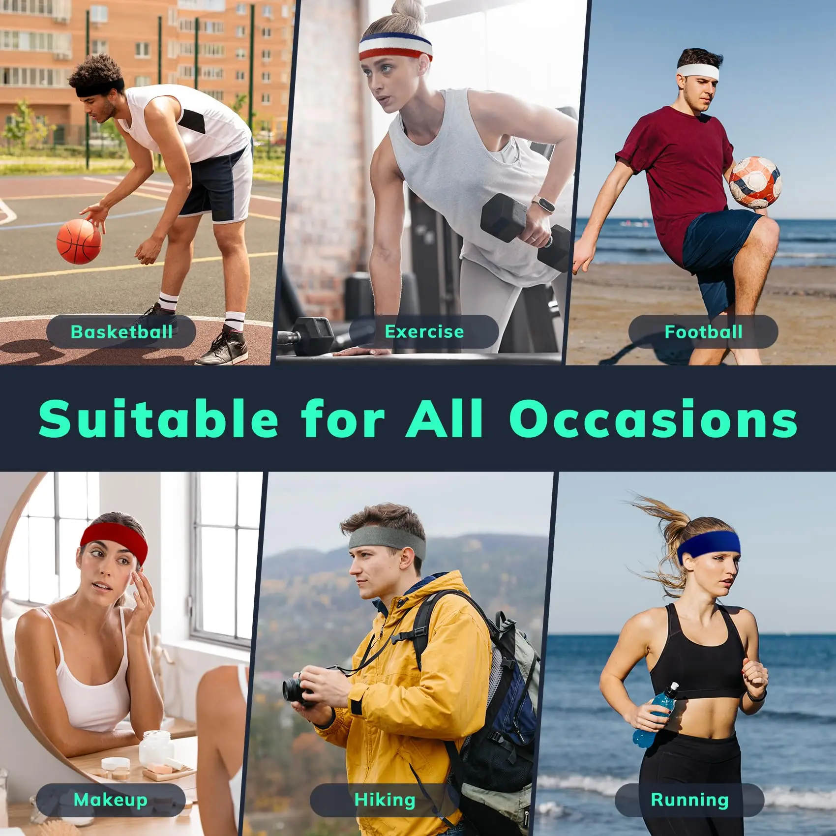 Opaski sportowe na głowę dla mężczyzn i kobiet - odprowadzające wilgoć, sportowe opaski z bawełny frotte do tenisa, koszykówki i biegania