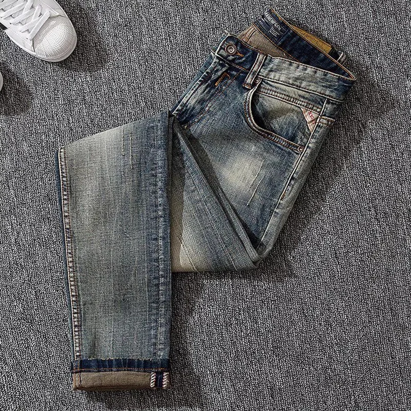 

Italian fashion new men's elastic slim fit jeans men's retro designer light blue denim pencil pants hombre