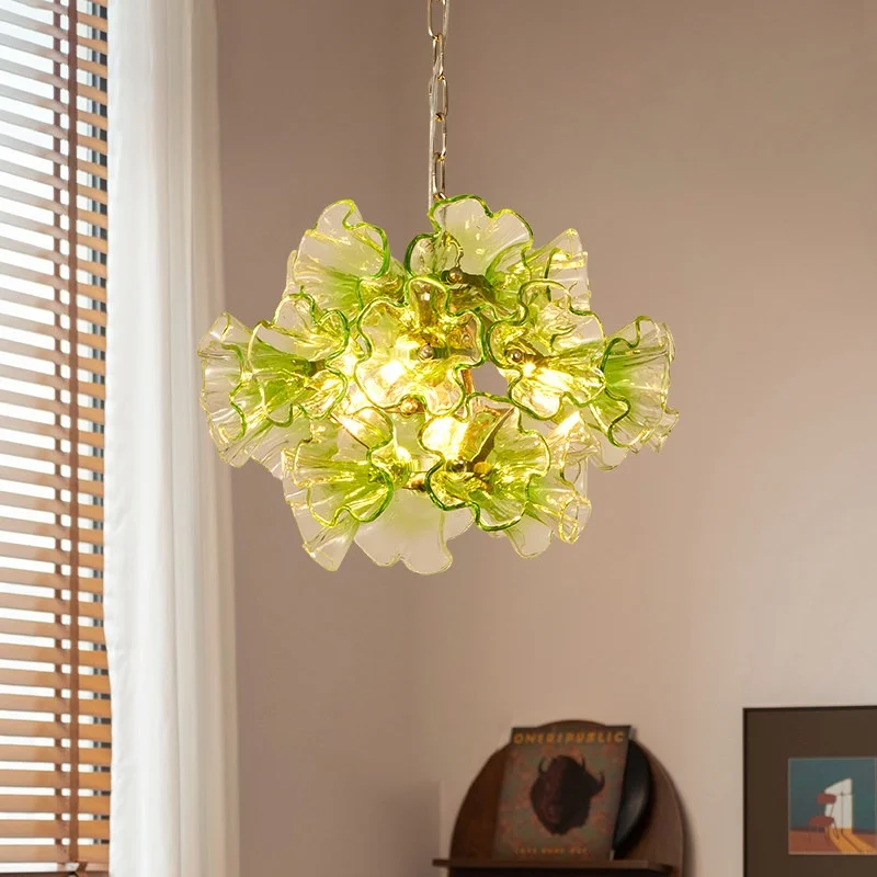 Flower-Shaped Glass LED Chandelier Postmodern Medieval Style Luxury Lighting for French Bedroom Restaurant Exhibition Hall Decor