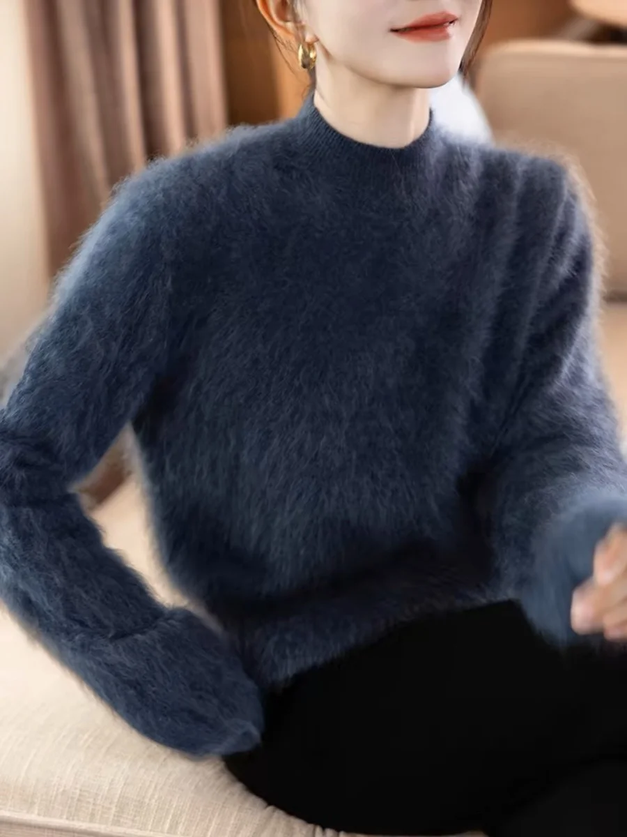 

"Royal brushed velvet" encryption intensified 100% pure cashmere semi-high round collar female plush loose