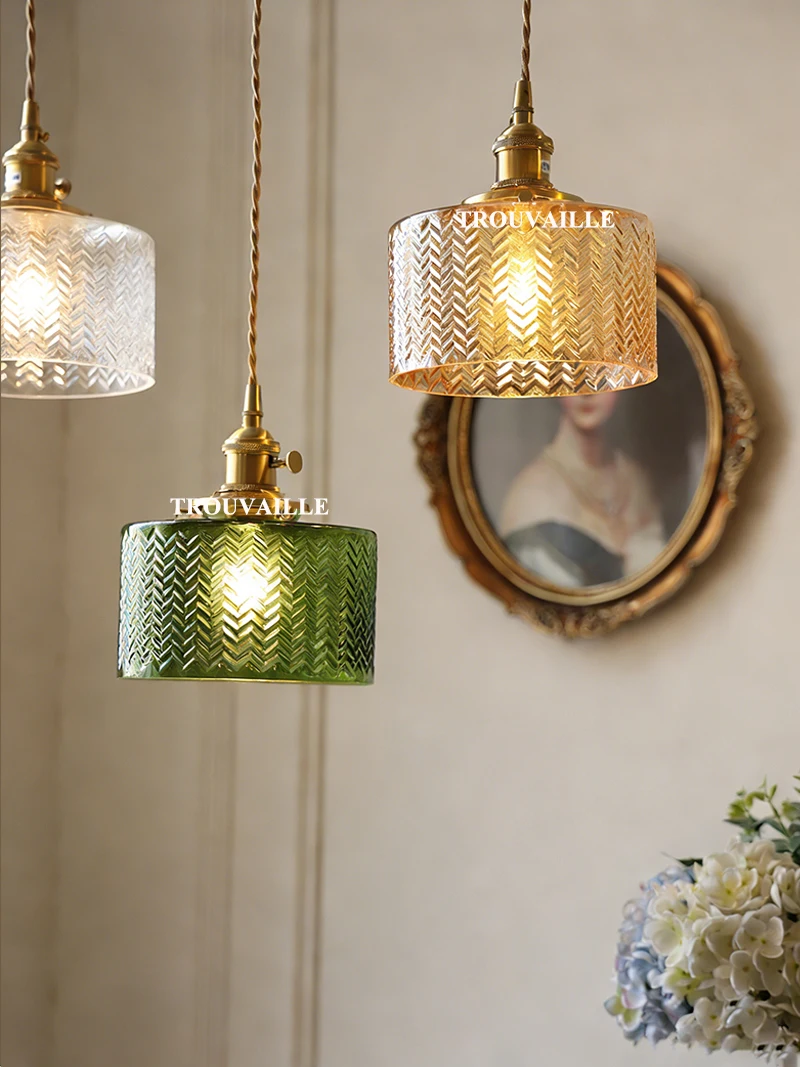 Artisan Glass Pendant Light Mid-Century Modern Ribbed Hanging Ceiling Lamp with Adjustable 150cm Cord Vintage Decorative Glass S
