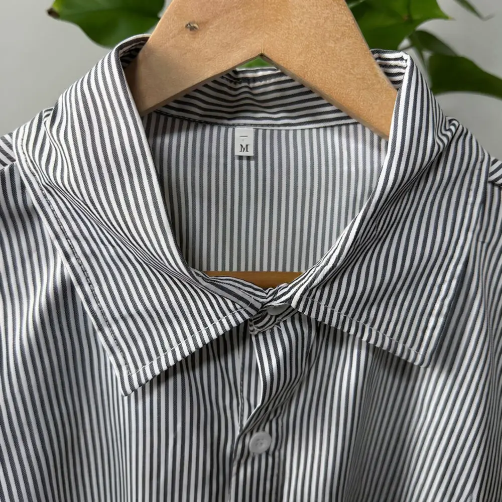 Fashion Men Vertical Striped Long Sleeve Shirt Loose Turn Down Collar Breathable Casual Button Up Oversized Blouse