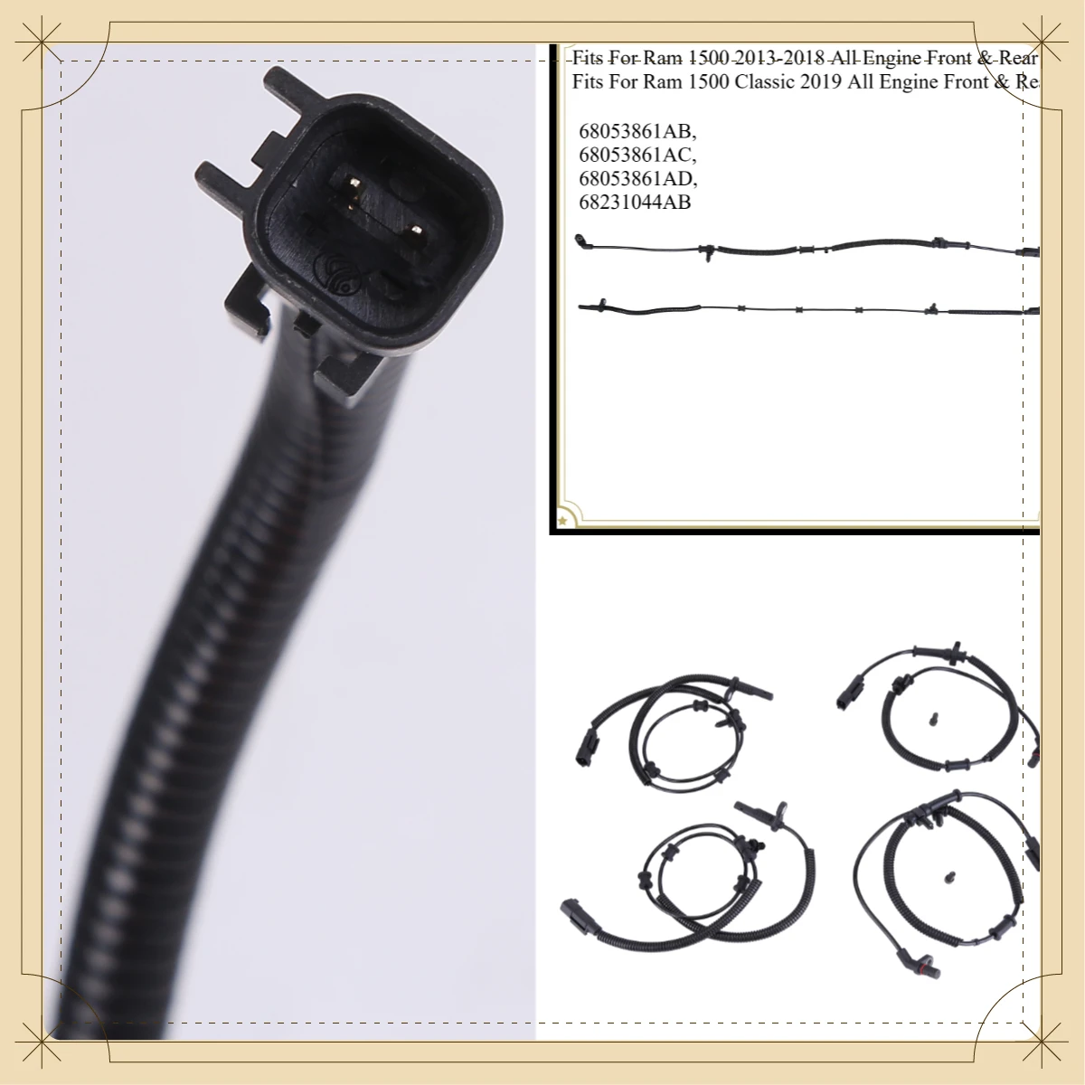 

4pcs Front & Rear Black Plastic ABS Wheel Speed Sensor Replace 68053861AB, 68053861AC, 68053861AD, 68231044AB Fits For Ram 1500 2013-2018 All Engine Fits For Ram 1500 Classic 2019 All Engine