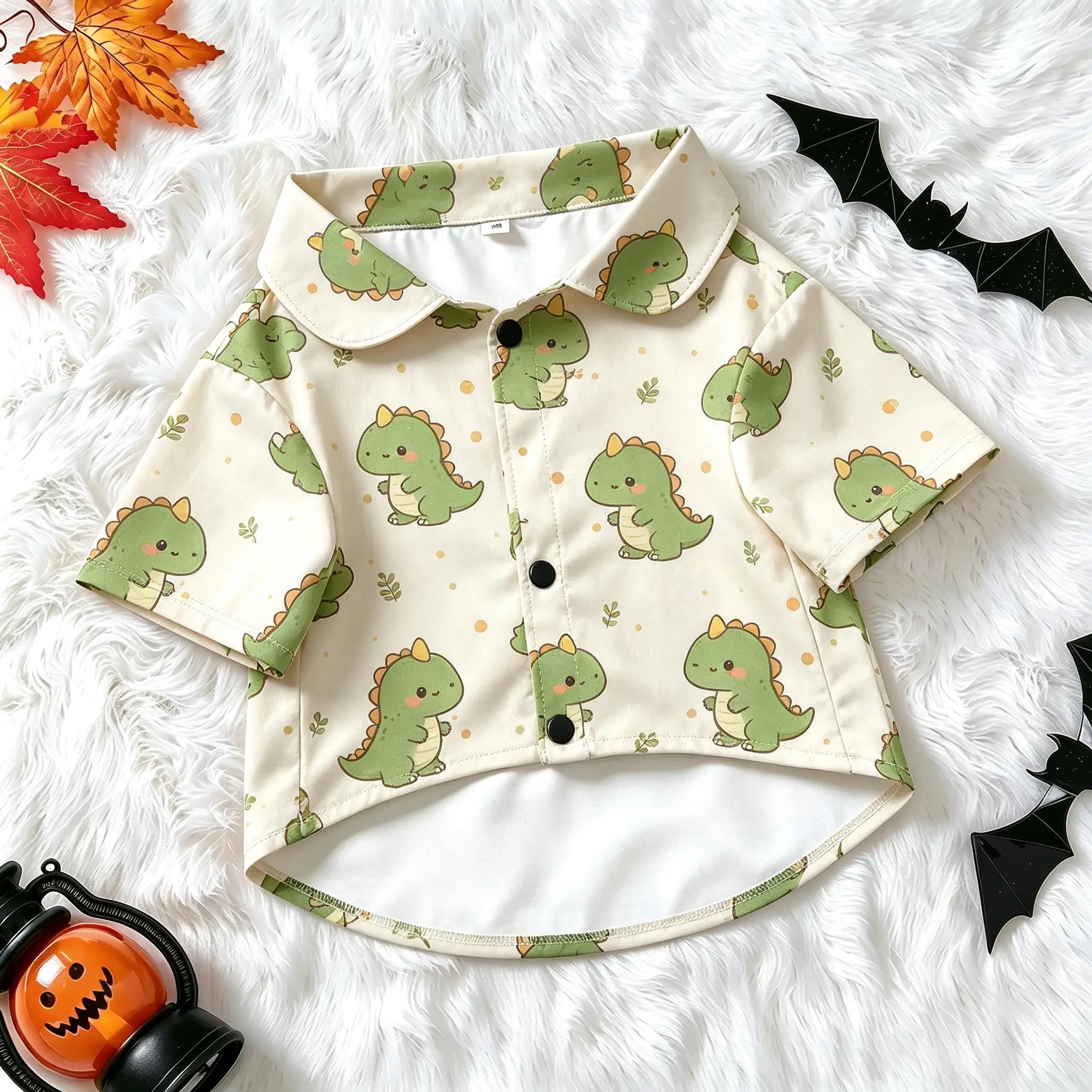 Pet Dog Shirt Beige Green Cute Dinosaur Print Comfortable Button Up for Small Medium Dogs Cartoon Animal Theme Daily Wear