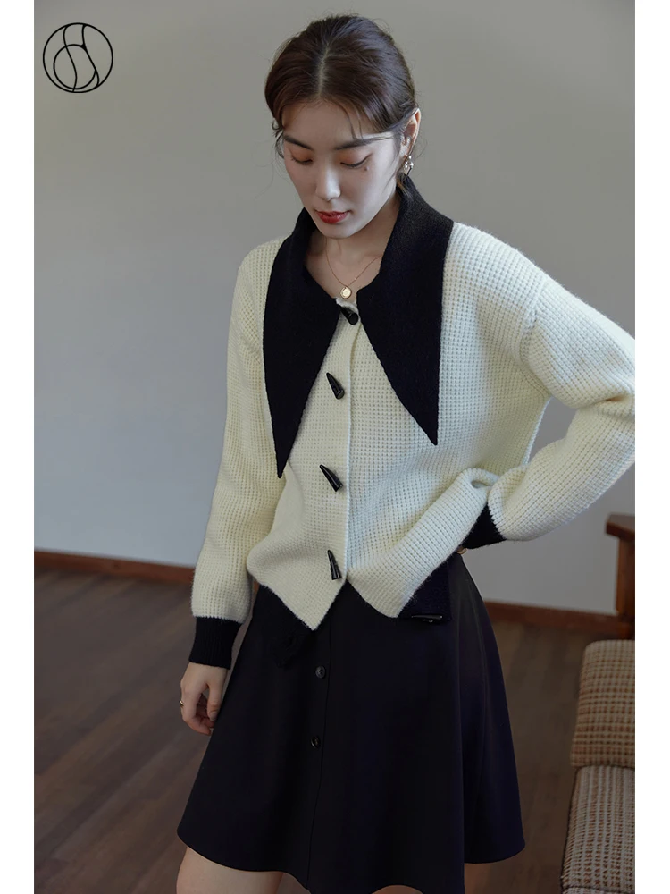 

DUSHU Women's Winter Horn Button Large Lapel Knitted Cardigan Contrasting Retro Slim Straight Drop Sleeve Women Short Cardiagns