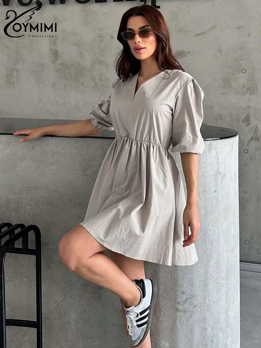 Oymimi Casual Light Gray V-Neck Womens Dresses Elegant Half Sleeve High Waisted Dresses Fashion Pleated Mini Dress Streetwear