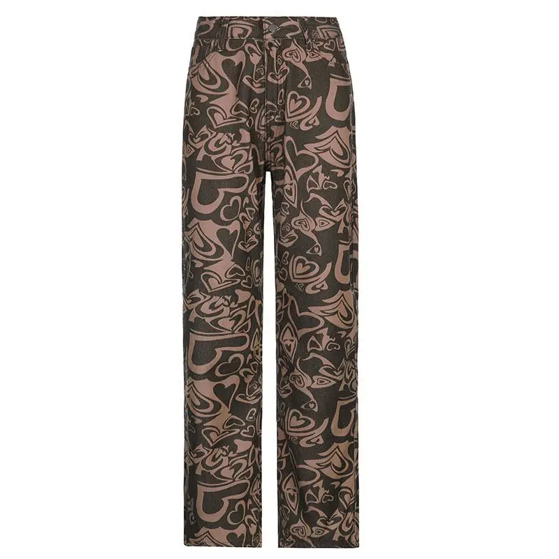 Heart Print Casual High Waist Jeans Women 2000s Aesthetic Skinny Straight Denim Trousers Fashion Cute 90s Streetwear