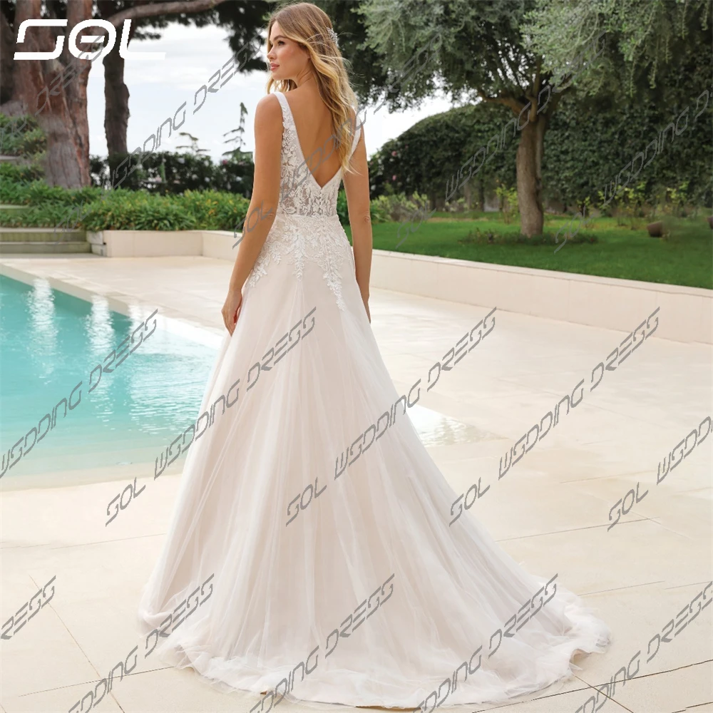 SOL Simple Spaghetti Straps Lace Appliques Tulle abiti da sposa elegante scollo a V Backless a-line abiti da sposa Vestidos De Novia