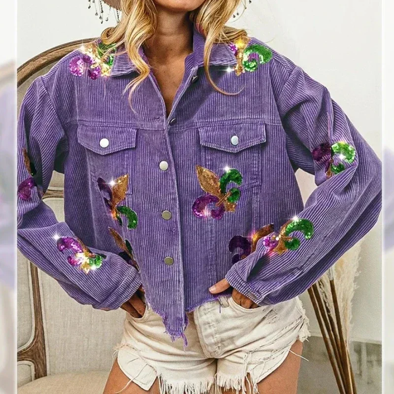 Floral Corduroy Coat Women Mardi Gras Spring Autumn Ropa Cardigan Sequin Festival Gothic Bomber Jacket Windbreaker Y2k Jackets