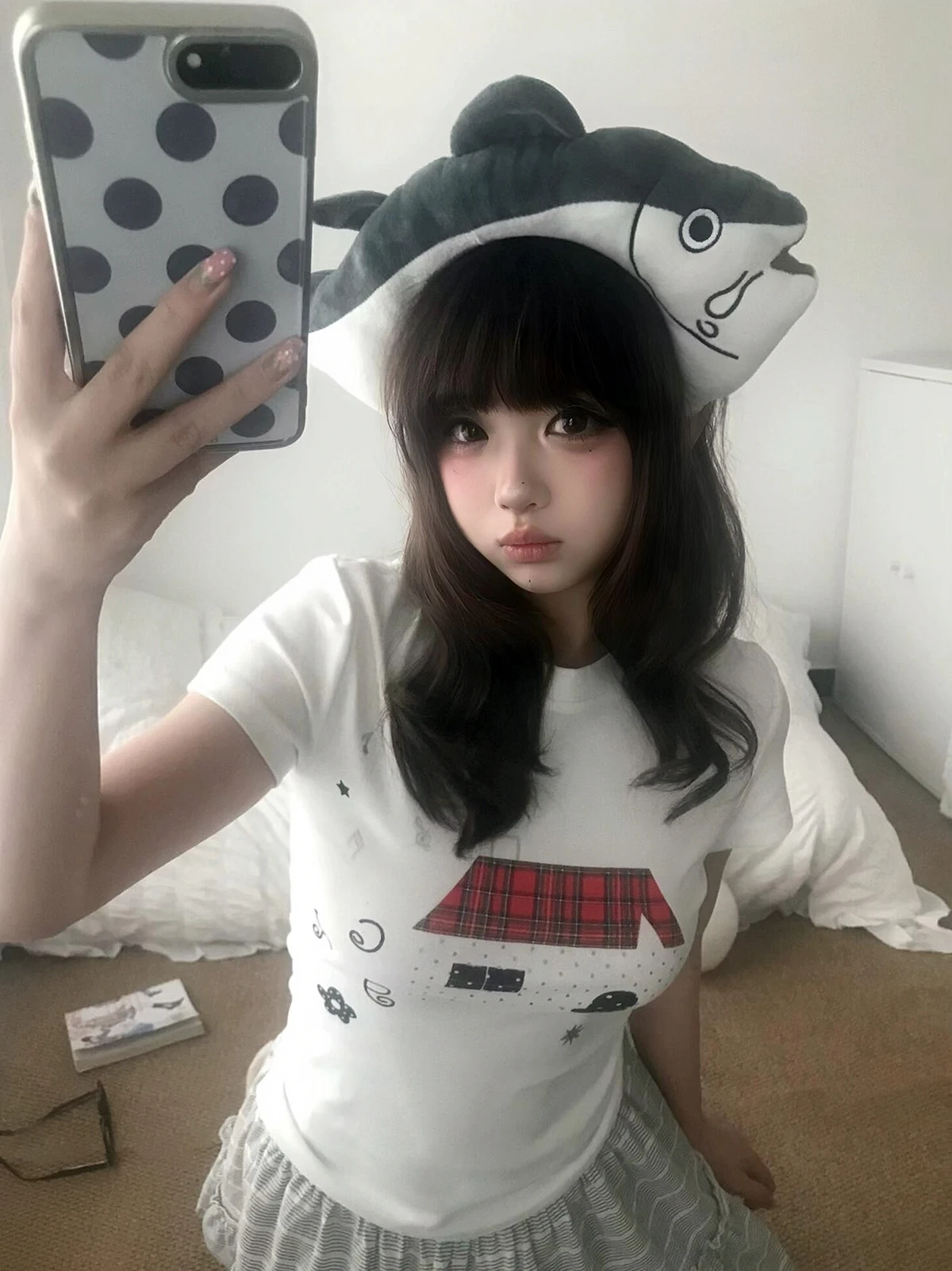 White Sakura Model Korean Style Short Sleeve T-Shirt House Print Slimming Top for Young Women Cotton Spandex Blend Summer Wear