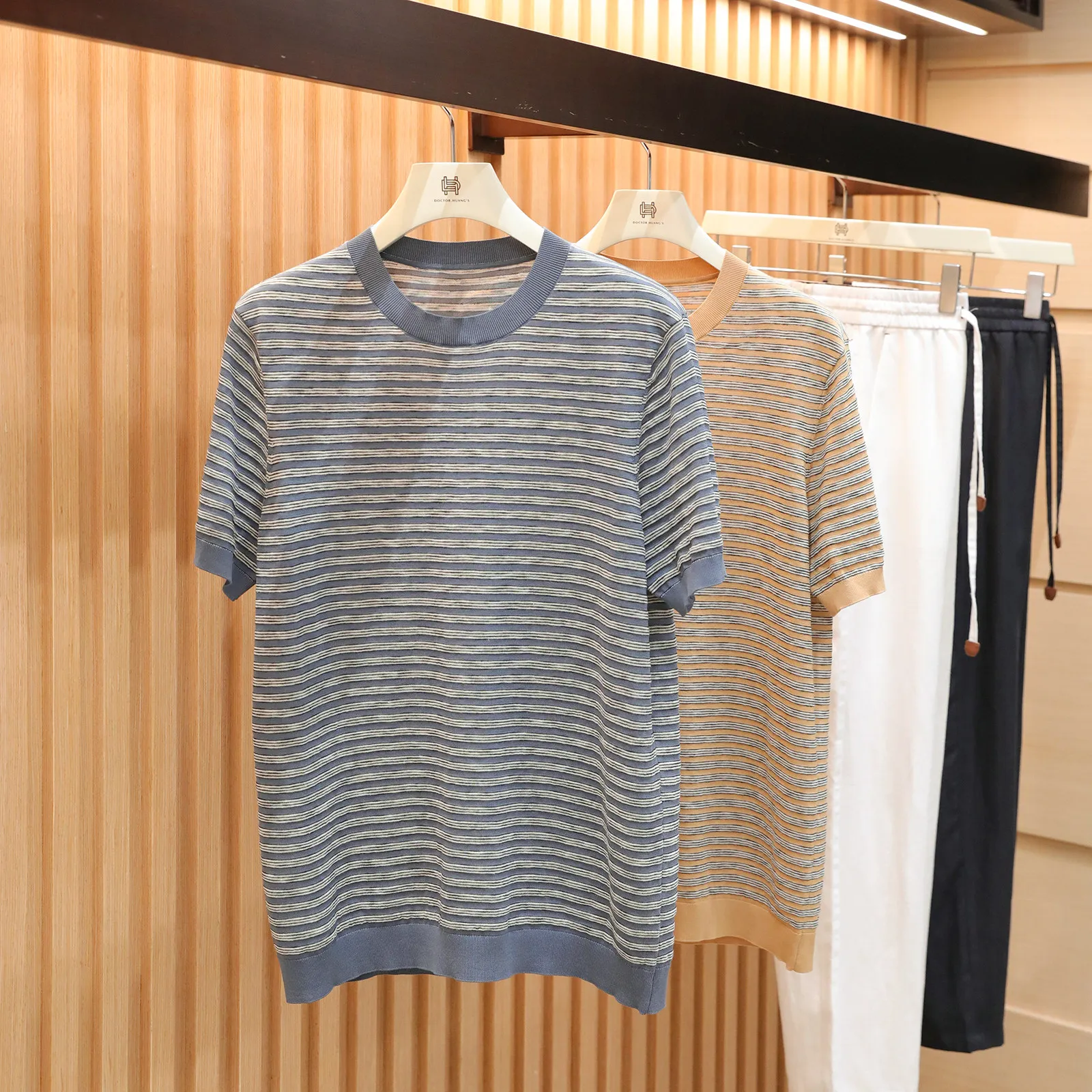 

2026 summer new men's outdoor skin-friendly, breathable and cool bamboo cotton and linen knitted striped short-sleeved T-shirt