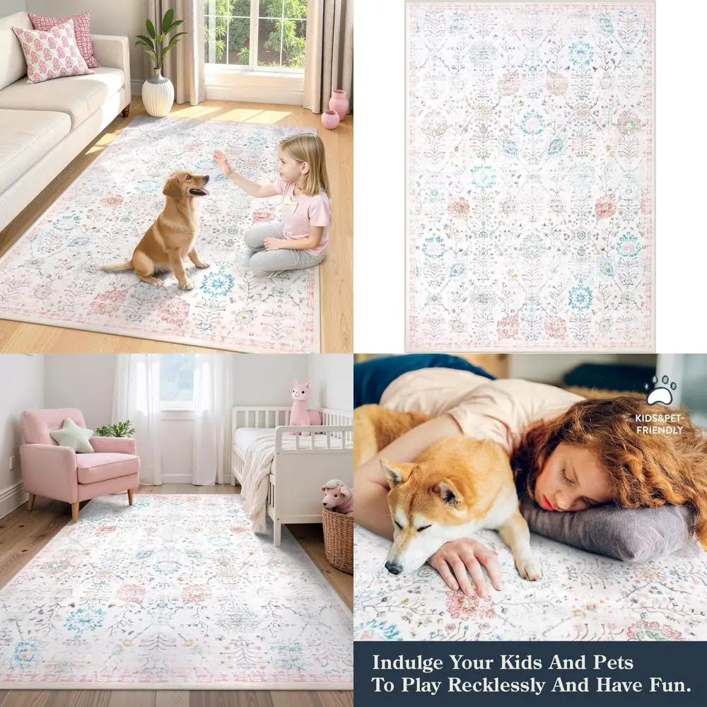 

Моющийся коврик в стиле бохо 5x7 для детей или общежития, легкий, нескользящий, легкий в уходе бежевый ковер