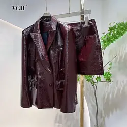 VGH Vintage Two Piece Set For Women Lapel Long Sleeve Coat High Waist Spliced Zipper Mini Skirt Female Synthetic Leather Clothes