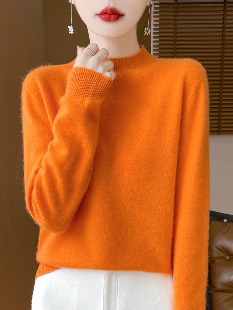 

M.Chic 2026 New Fashion Women's Spring Knitted Sweater 100% Wool Pullover Mock Neck Clothes Soft Basic Solid Color Wool Tops