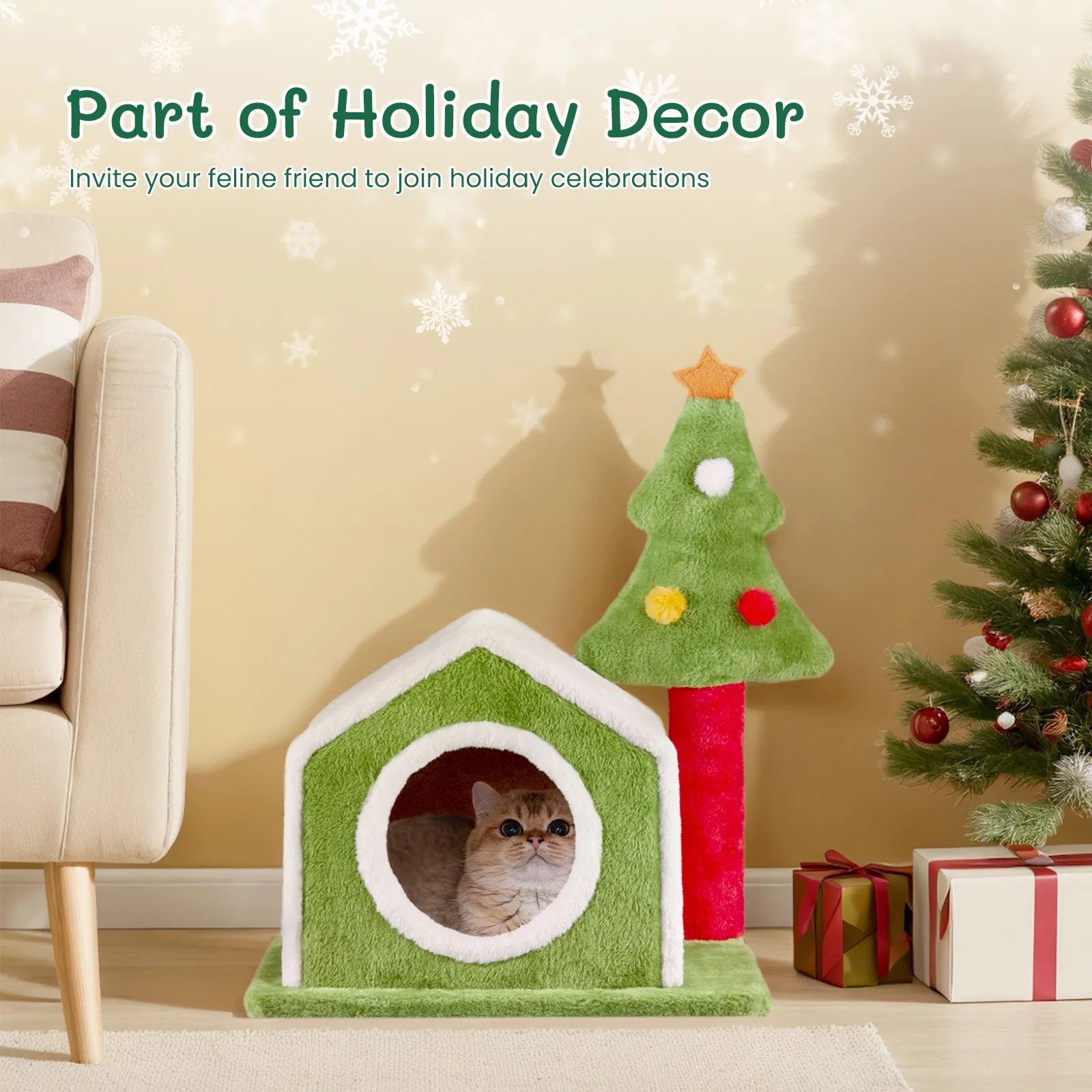 24in Christmas Cat House Cat Bed Cave, Soft Plush Christmas Nest Holiday Decor