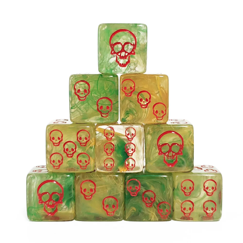 10 Stück Grüne Bernstein-Wirbel-Würfel mit Klarem Rotem Totenkopf, Sechsseitige D6-Würfel mit Skelettgesicht für Cthulhu TRPG D&D Gruseliges Rollenspiel