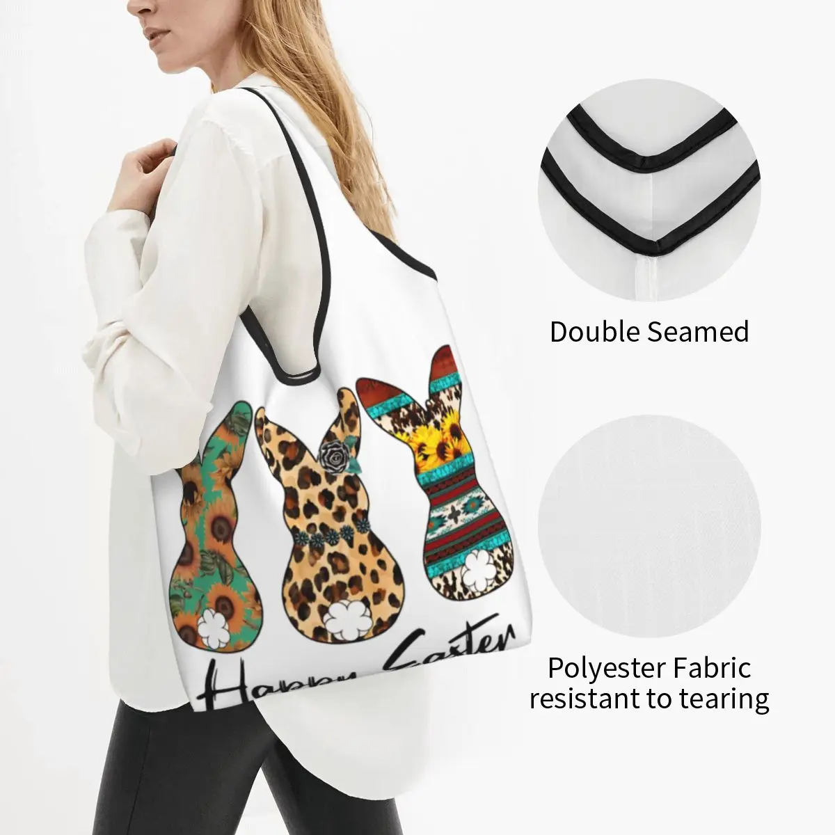 Large Reusable Cute Leopard Easter Bunny Rabbit Grocery Bags Recycle Happy Easter Day Shopping Eco Bag Washable With Pouch