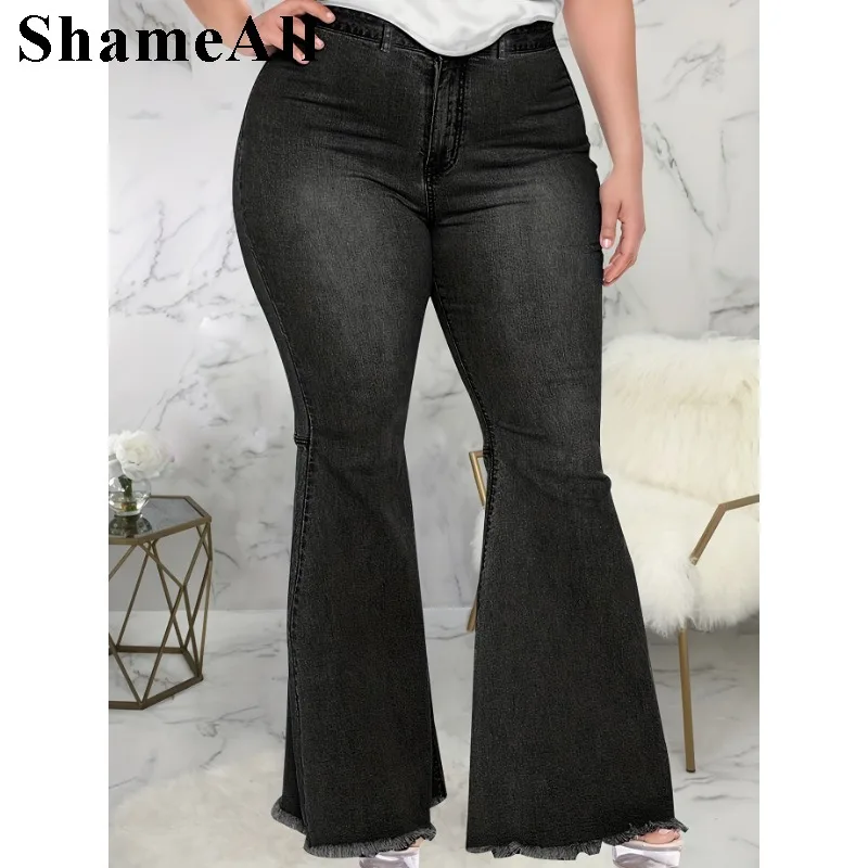 Women's Plus Size Solid High Rise Flared Leg Bell Bottom Jeans