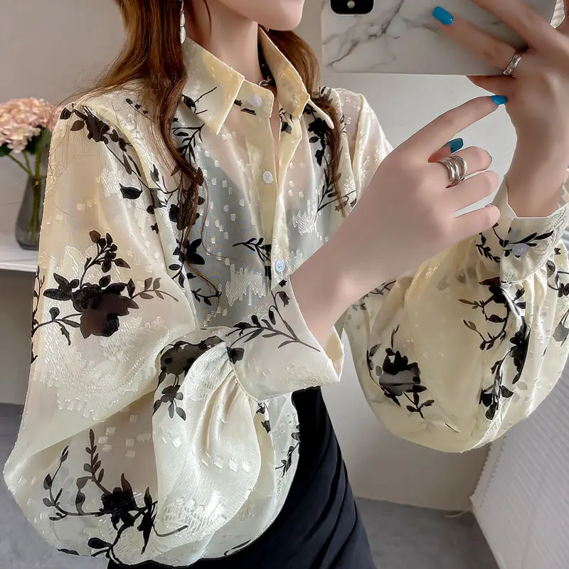 

2024 Summer New Fashion Vintage Printing Chiffon Tops Women Loose Bishop Sleeve Lapel Collar Ink Wash Office Lady Casual Shirt