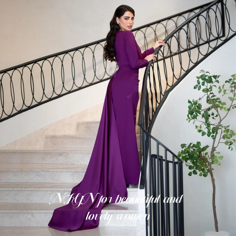 

NFYN Purple O-Neck Party Dresses for Party Pleats Formal Dresses Trumpet Stain Ruched Formal Gown Long Evening Dress Customized