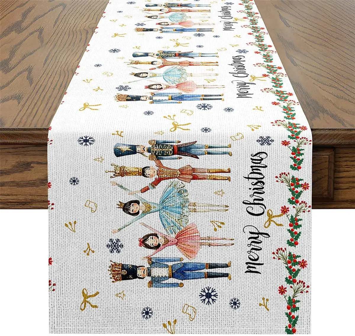 Christmas Nutcracker Snowflake Linen Table Runner Party Decor Reusable Winter Berry Dining Table Runners Christmas Decorations