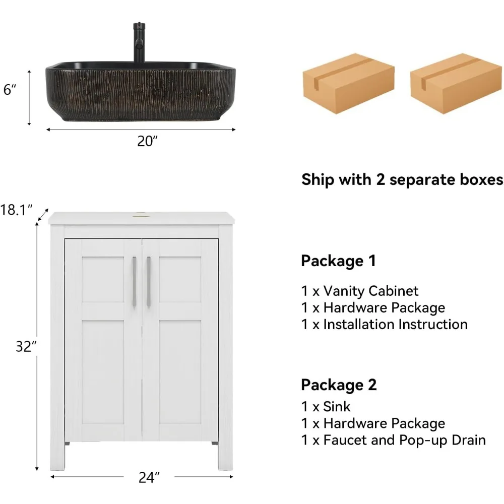 24 inch White Bathroom Vanity with Vessel Sink, Black Gold Sink