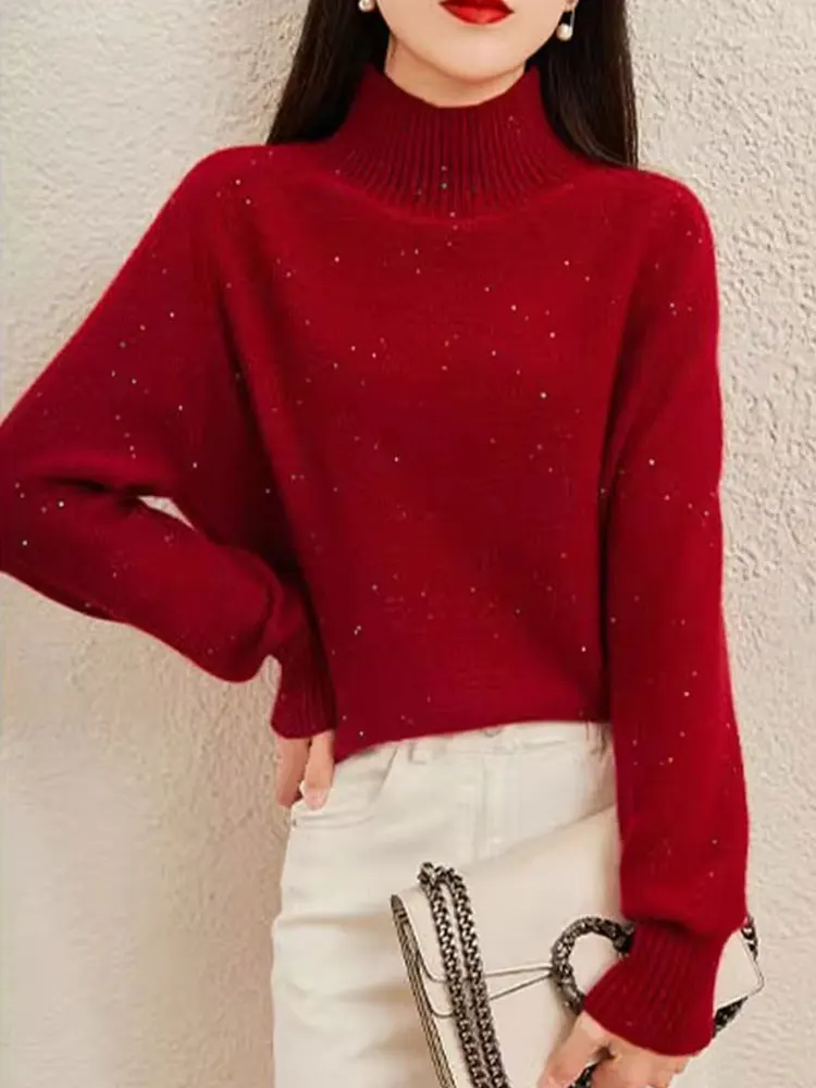 

Ele f High Ne Knitted Sweater Sequin Patchwork Long Sve Slimming Base irt Versatile Age-Defng Faionable Top