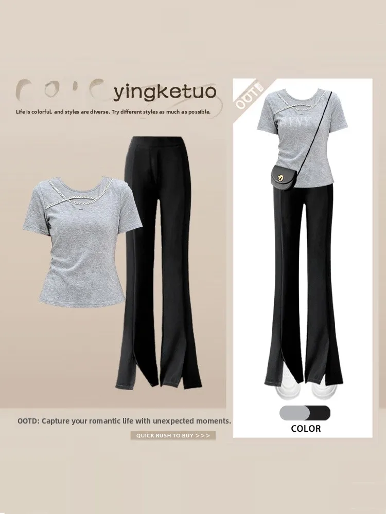 

Unique Design Hollow out Diamond Short Sleeve Women's Slim Fit Micro Flared Pants Summer Minimalist Two Piece Set T-Shirt