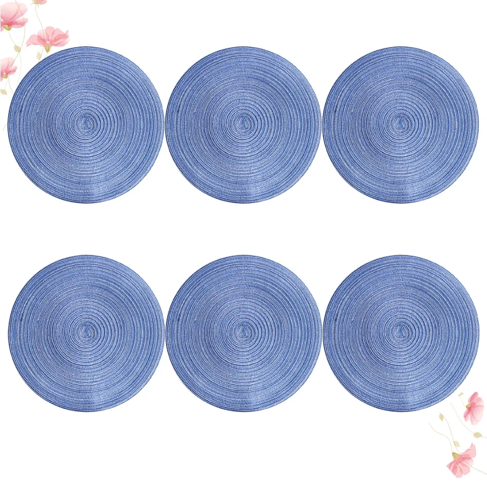 

6pcs Cotton Yarn Placemats Round Braided Non-Slip Heat Insulation Coasters Table Pad For Home Cafe Restaurant Use Blue Large