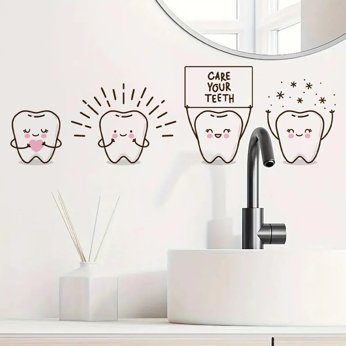 Caring For Dental Health Bathroom Modern Art Wall Sticker PVC Waterproof Self-adhesive Easy To Tear And Install Home Decor