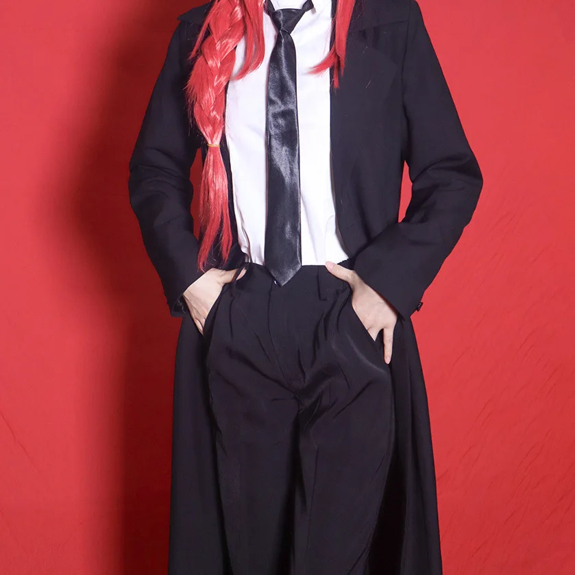 Erwachsene Makima Cosplays Anime Kettensäge Mann Kostüm Rot Perücke Schwarz Graben Mantel Hemd Cosplay Uniform Halloween Kleidung für Frauen