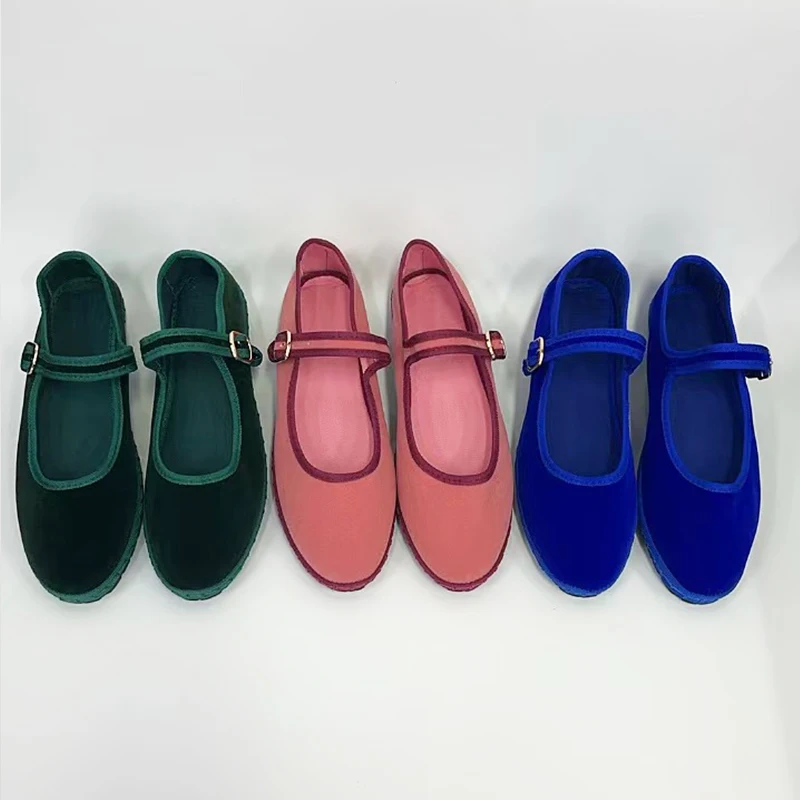 Flannel Flats Women Shoes Hand Stitch Mary Janes Ballet Casual Shoes Ladies Elegant Buckle Closure Velvet Loafers Dark Green image 4