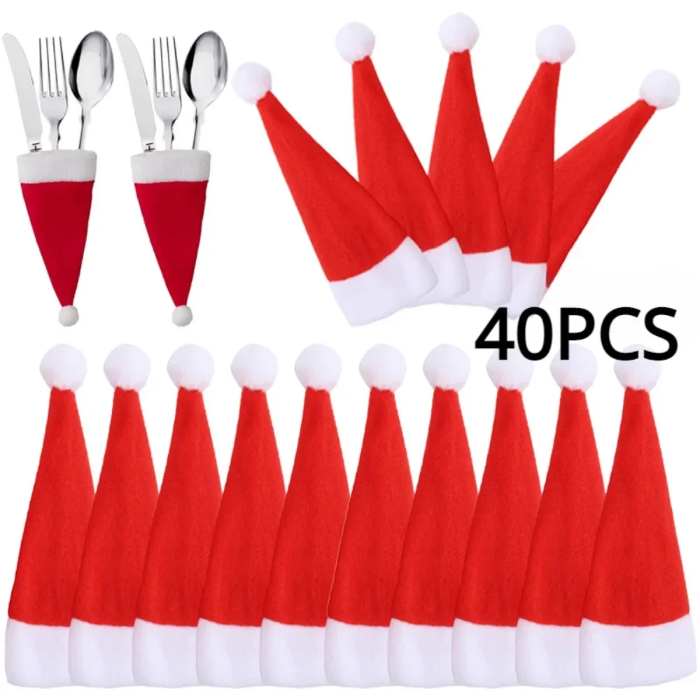 

40PCS Mini Christmas Hat Tableware Knife Fork Storage Holder Bags Merry Christmas Party Dinner Wine Bottle Xmas Hats Decorations