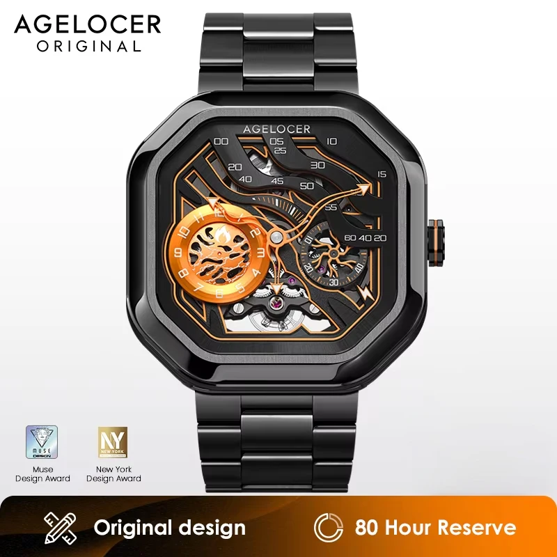 AGELOCER Men's Volcano Watch Original Square Luminous Skeleton Design Automatic Mechanical Steel Strap Birthday Gift
