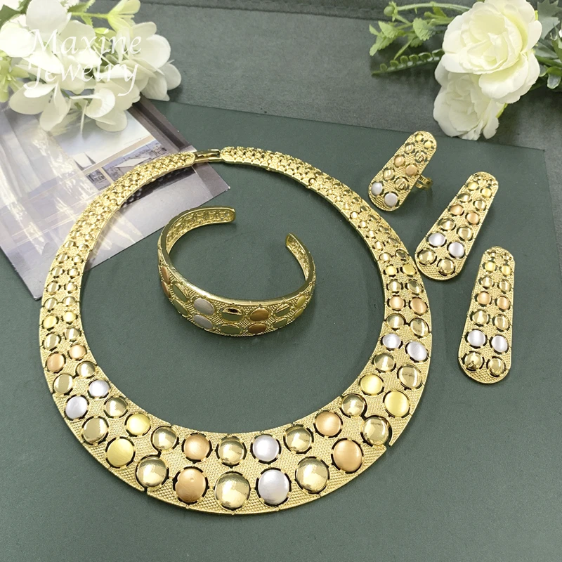 

Unique Circular Collar Chunky Round Gold Plated Jewelry Set for Women Necklace Earring Bracelet Ring Bridal Wedding Party Gifts