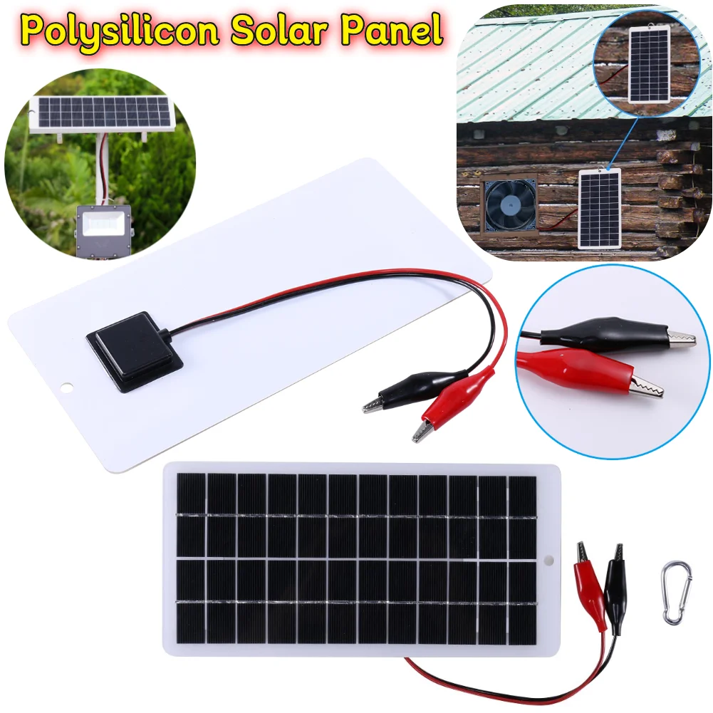 10W Solar Battery Charger with Carabiner 12V Solar Power Bank Polysilicon Solar Charger Plate Portable for Outdoor Lamp Pump