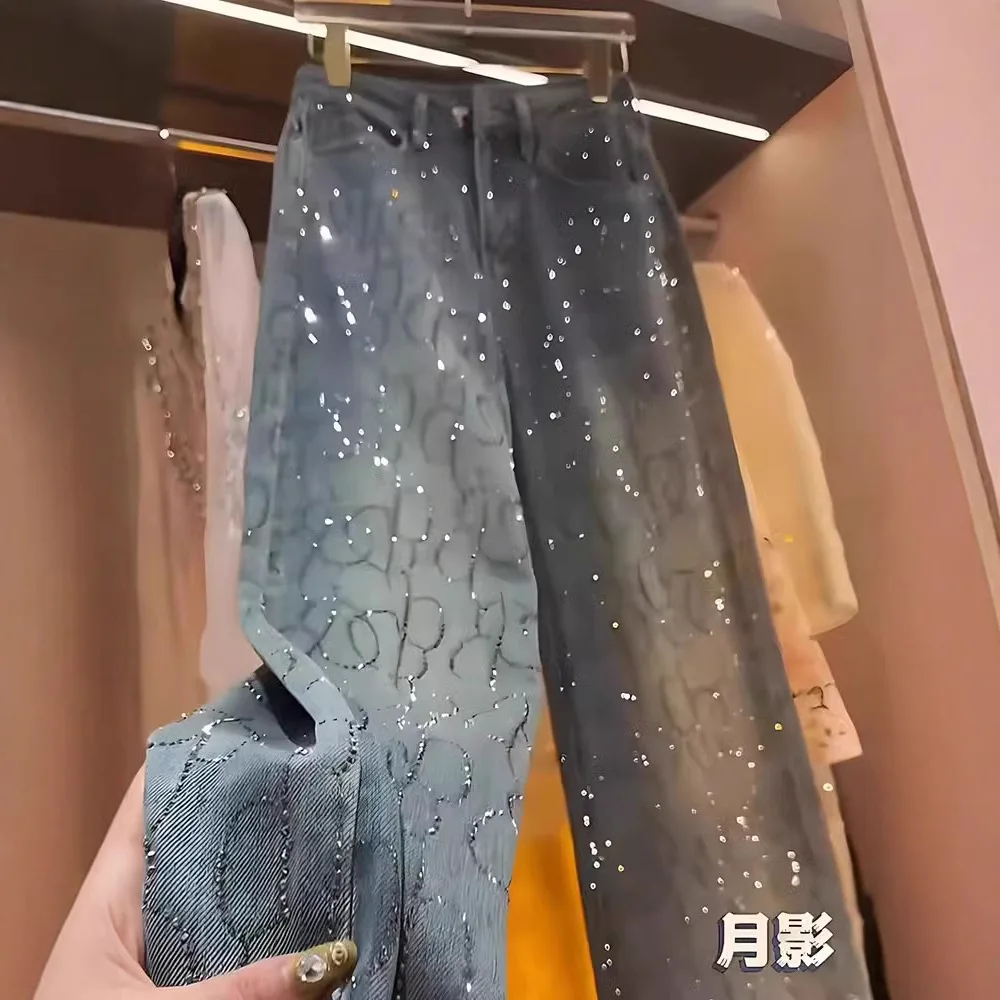 

Spring New Heavy Craft High-End Versatile High Slimming Straight-Leg Pants Blue Two-Tone Rhinestone Jeans