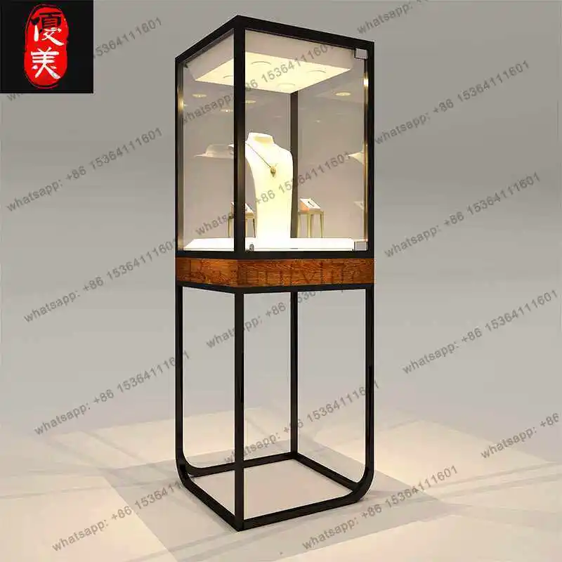 Wrought iron titanium plated jewelry display cabinet transparent glass