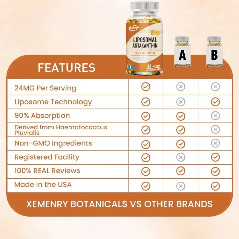 Liposomal Astaxanthin - รองรับสุขภาพดวงตา, โรคหัวใจและหลอดเลือด, ข้อต่อและผิวหนังเช่นกันภูมิคุ้มกันและเร่งการเผาผลาญ