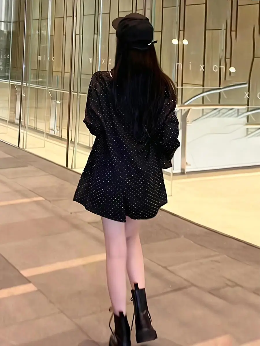 HIGH Street 2024 Spring New Fashion Shinning Hot Drilling Diamonds Style Loose Black Casual Sequins Shirt Blouse for Women