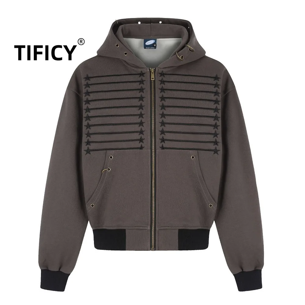 High Street Retro Court Style Embroidered Hooded Zipper Sweatshirt Jacket Men and Women Autumn Loose Hoodies Sweatshirts Top